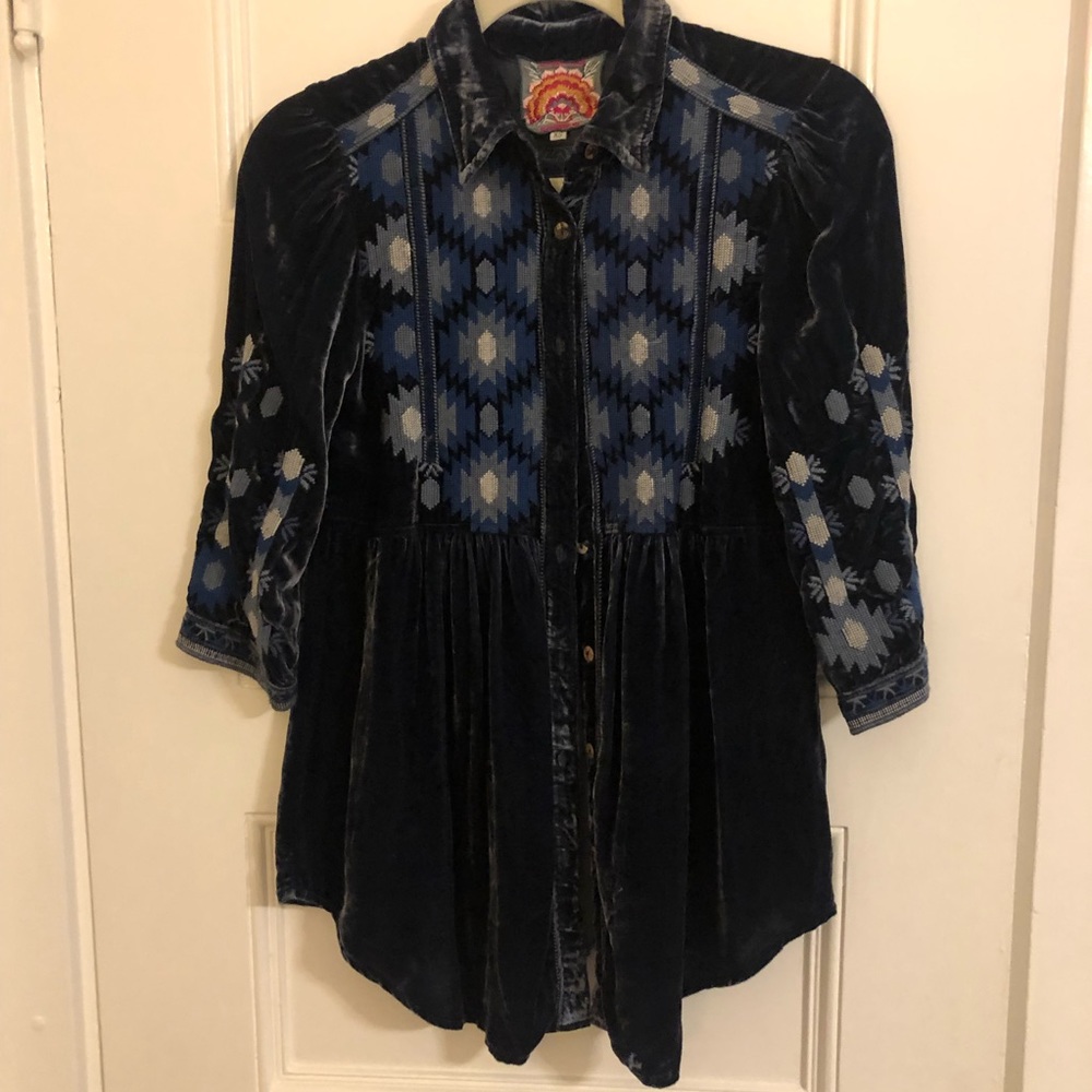 Johnny Was Velvet Button Down Navy Blue XS